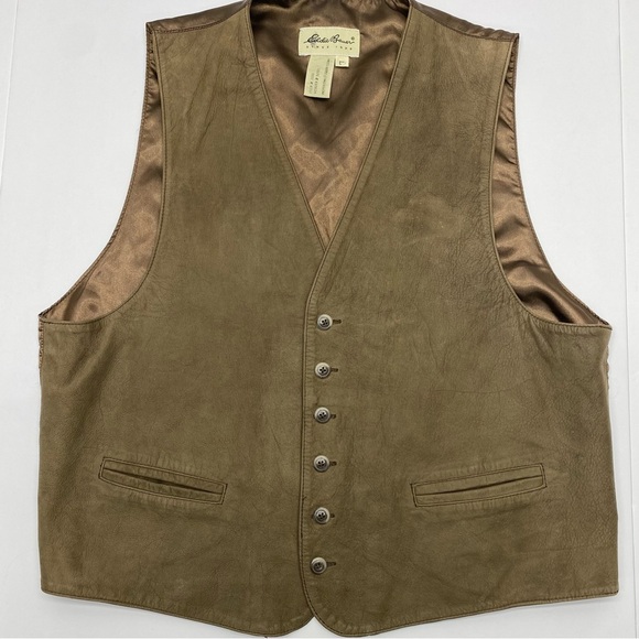 Eddie Bauer Men’s Brown Leather Vest LG Pockets Back Buckle Button Front - Picture 1 of 15